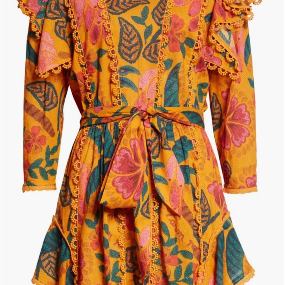 Farm Rio Tropical Print Ruffle Yoke Cotton Dress M $215